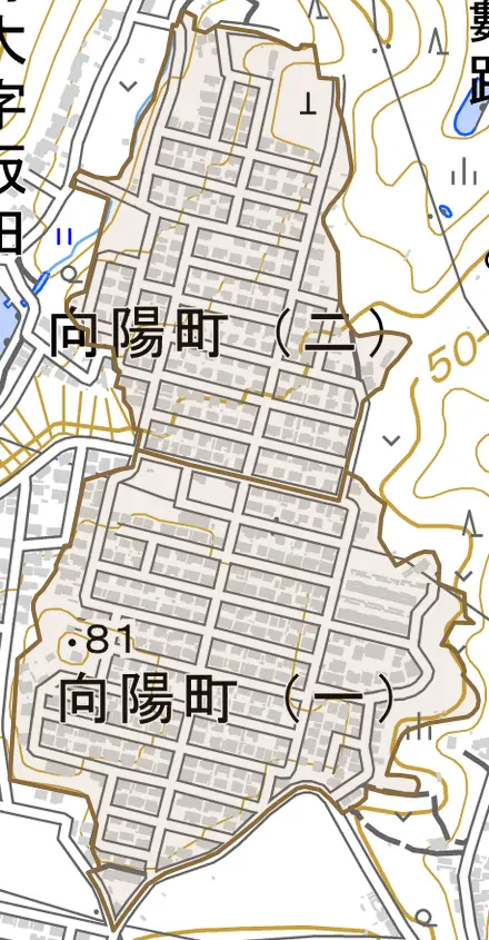向陽町とその周辺の地図。町の範囲を重ねている