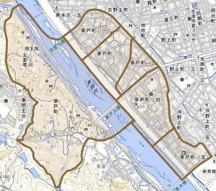草戸町とその周辺の地図。町の範囲を重ねている