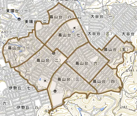 幕山台とその周辺の地図。町の範囲を重ねている