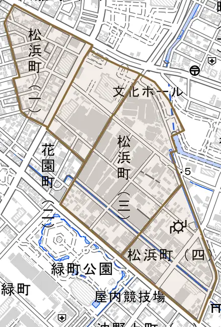松浜町とその周辺の地図。町の範囲を重ねている