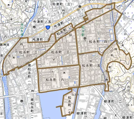 松永町とその周辺の地図。町の範囲を重ねている