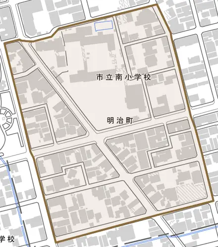 明治町とその周辺の地図。町の範囲を重ねている