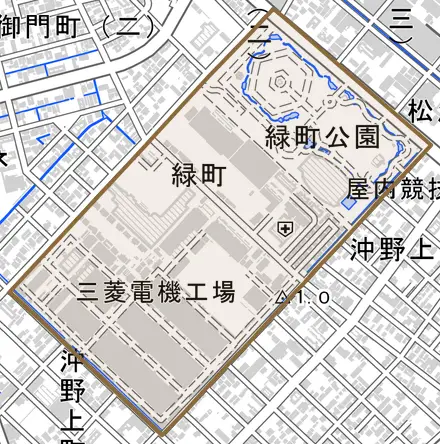 緑町とその周辺の地図。町の範囲を重ねている