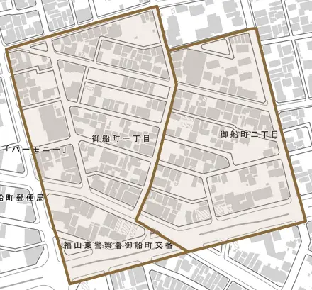 御船町とその周辺の地図。町の範囲を重ねている