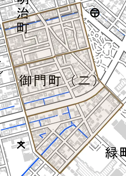 御門町とその周辺の地図。町の範囲を重ねている