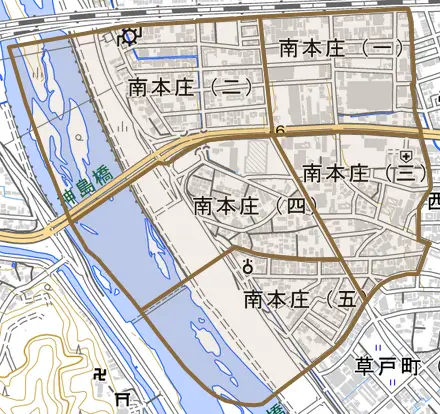 南本庄とその周辺の地図。町の範囲を重ねている