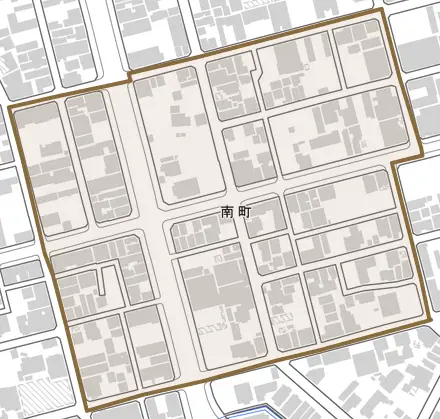 南町とその周辺の地図。町の範囲を重ねている