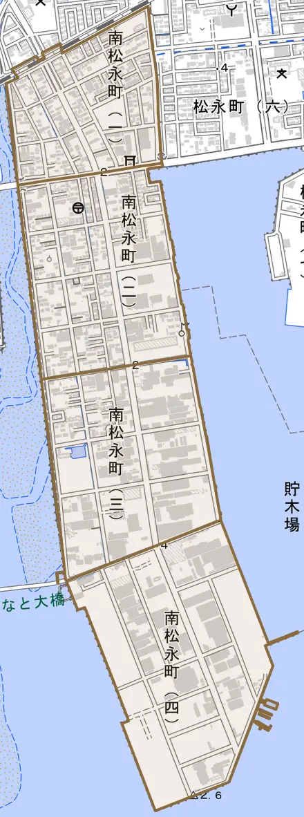 南松永町とその周辺の地図。町の範囲を重ねている