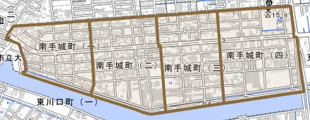 南手城町とその周辺の地図。町の範囲を重ねている