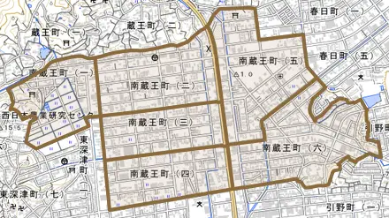南蔵王町とその周辺の地図。町の範囲を重ねている