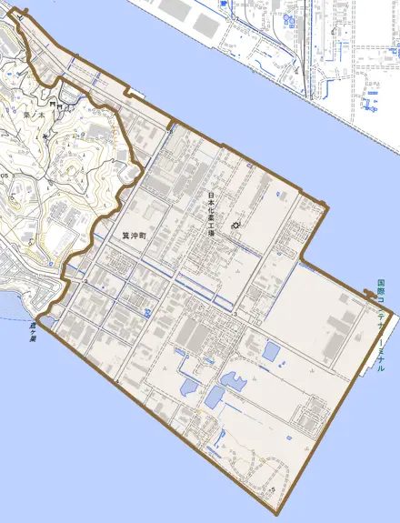 箕沖町とその周辺の地図。町の範囲を重ねている