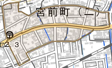 宮前町とその周辺の地図。町の範囲を重ねている