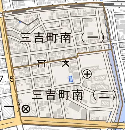 三吉町南とその周辺の地図。町の範囲を重ねている