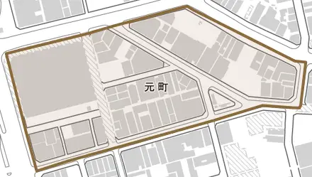 元町とその周辺の地図。町の範囲を重ねている