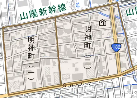 明神町とその周辺の地図。町の範囲を重ねている
