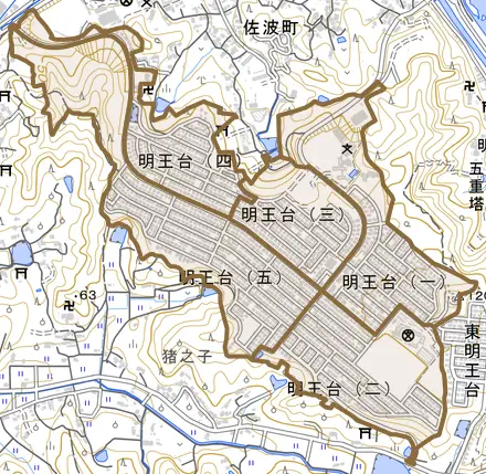 明王台とその周辺の地図。町の範囲を重ねている
