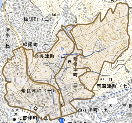 奈良津町とその周辺の地図。町の範囲を重ねている