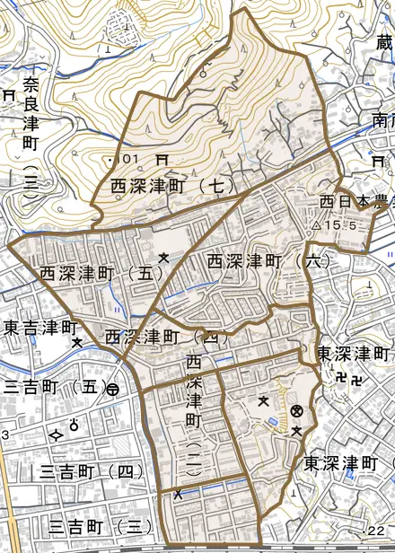 西深津町とその周辺の地図。町の範囲を重ねている