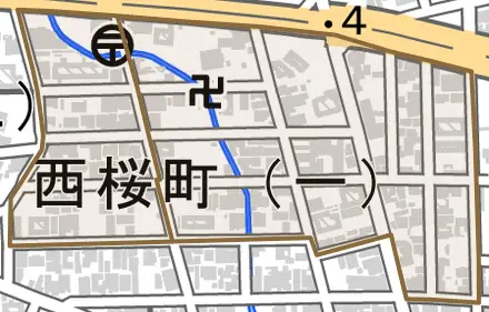 西桜町とその周辺の地図。町の範囲を重ねている