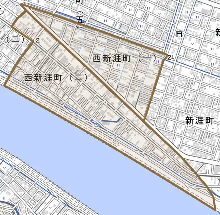 西新涯町とその周辺の地図。町の範囲を重ねている