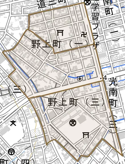 野上町とその周辺の地図。町の範囲を重ねている