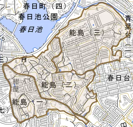 能島とその周辺の地図。町の範囲を重ねている