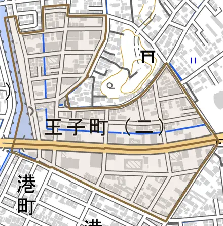 王子町とその周辺の地図。町の範囲を重ねている