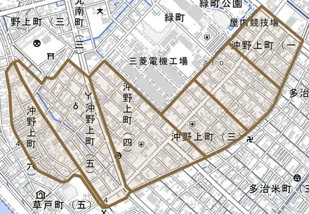 沖野上町とその周辺の地図。町の範囲を重ねている