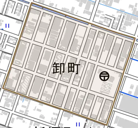 卸町とその周辺の地図。町の範囲を重ねている