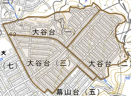 大谷台とその周辺の地図。町の範囲を重ねている