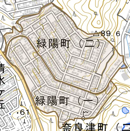 緑陽町とその周辺の地図。町の範囲を重ねている