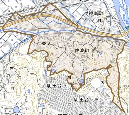 佐波町とその周辺の地図。町の範囲を重ねている