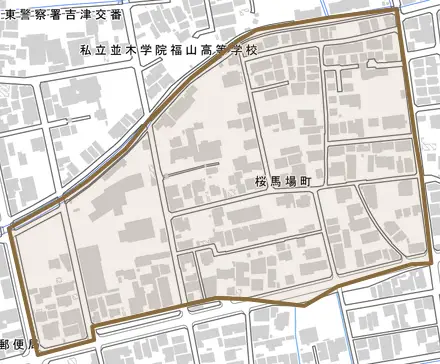 桜馬場町とその周辺の地図。町の範囲を重ねている