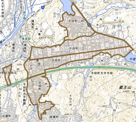 千田町とその周辺の地図。町の範囲を重ねている