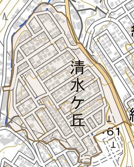 清水ケ丘とその周辺の地図。町の範囲を重ねている