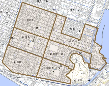 新涯町とその周辺の地図。町の範囲を重ねている