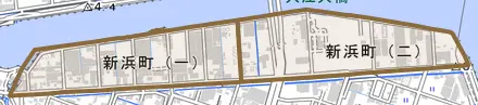 新浜町とその周辺の地図。町の範囲を重ねている