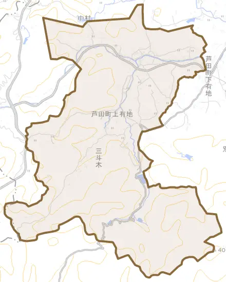 芦田町大字上有地とその周辺の地図。町の範囲を重ねている