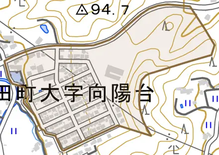 芦田町大字向陽台とその周辺の地図。町の範囲を重ねている