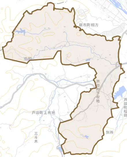 芦田町大字下有地とその周辺の地図。町の範囲を重ねている