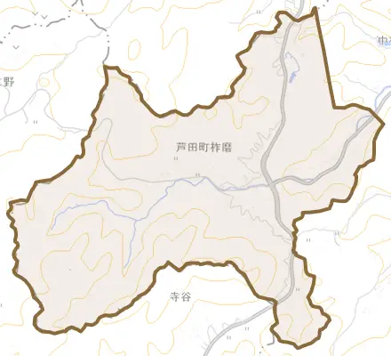 芦田町大字柞磨とその周辺の地図。町の範囲を重ねている