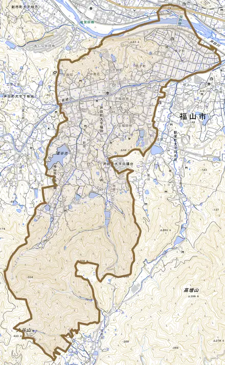 芦田町大字福田とその周辺の地図。町の範囲を重ねている