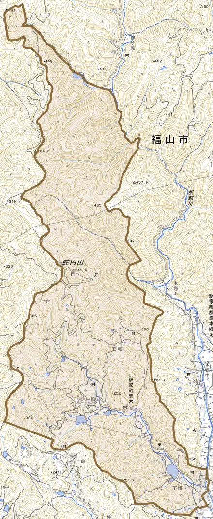 駅家町大字雨木とその周辺の地図。町の範囲を重ねている