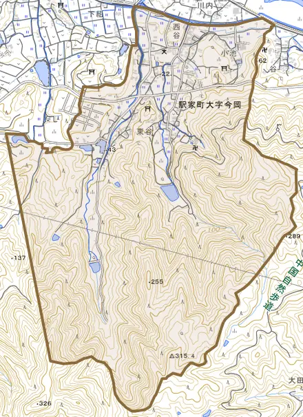 駅家町大字今岡とその周辺の地図。町の範囲を重ねている