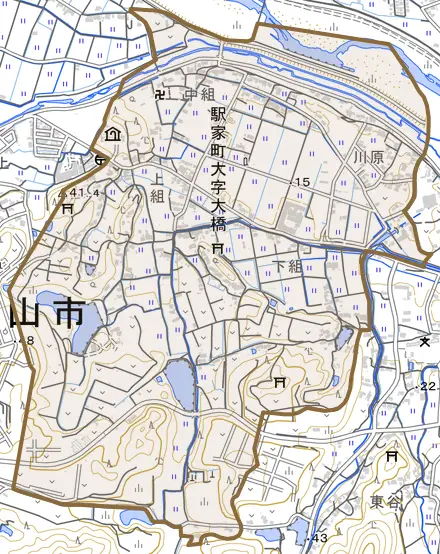 駅家町大字大橋とその周辺の地図。町の範囲を重ねている