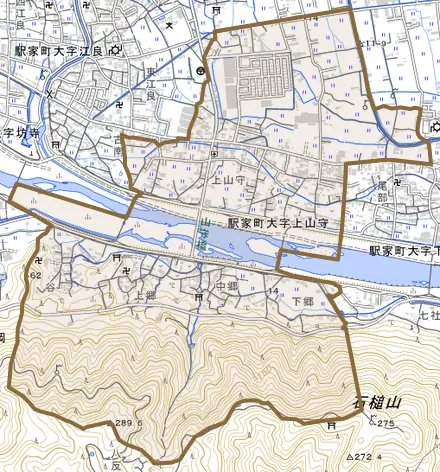 駅家町大字上山守とその周辺の地図。町の範囲を重ねている