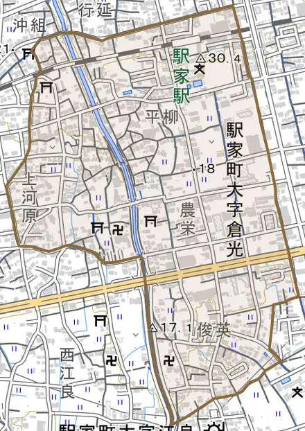 駅家町大字倉光とその周辺の地図。町の範囲を重ねている