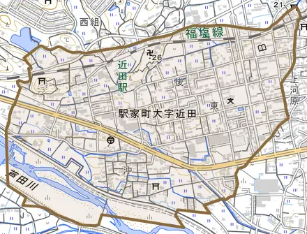 駅家町大字近田とその周辺の地図。町の範囲を重ねている