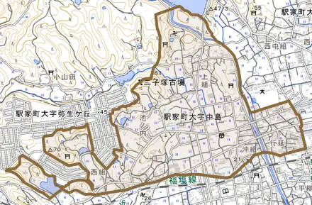 駅家町大字中島とその周辺の地図。町の範囲を重ねている