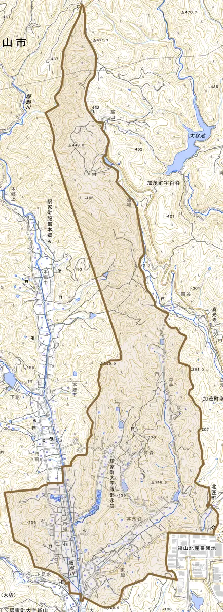 駅家町大字服部永谷とその周辺の地図。町の範囲を重ねている